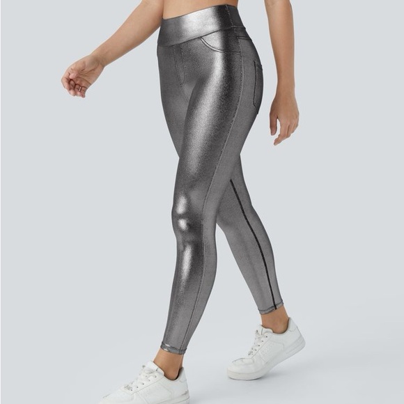 Halara SoftlyZero Faux Leather High Waisted Pocket Work Leggings Large Silver - Picture 6 of 9